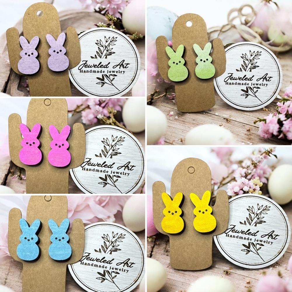 Jeweled Art Hand Painted Wood Engraved Bunny Stud Earrings